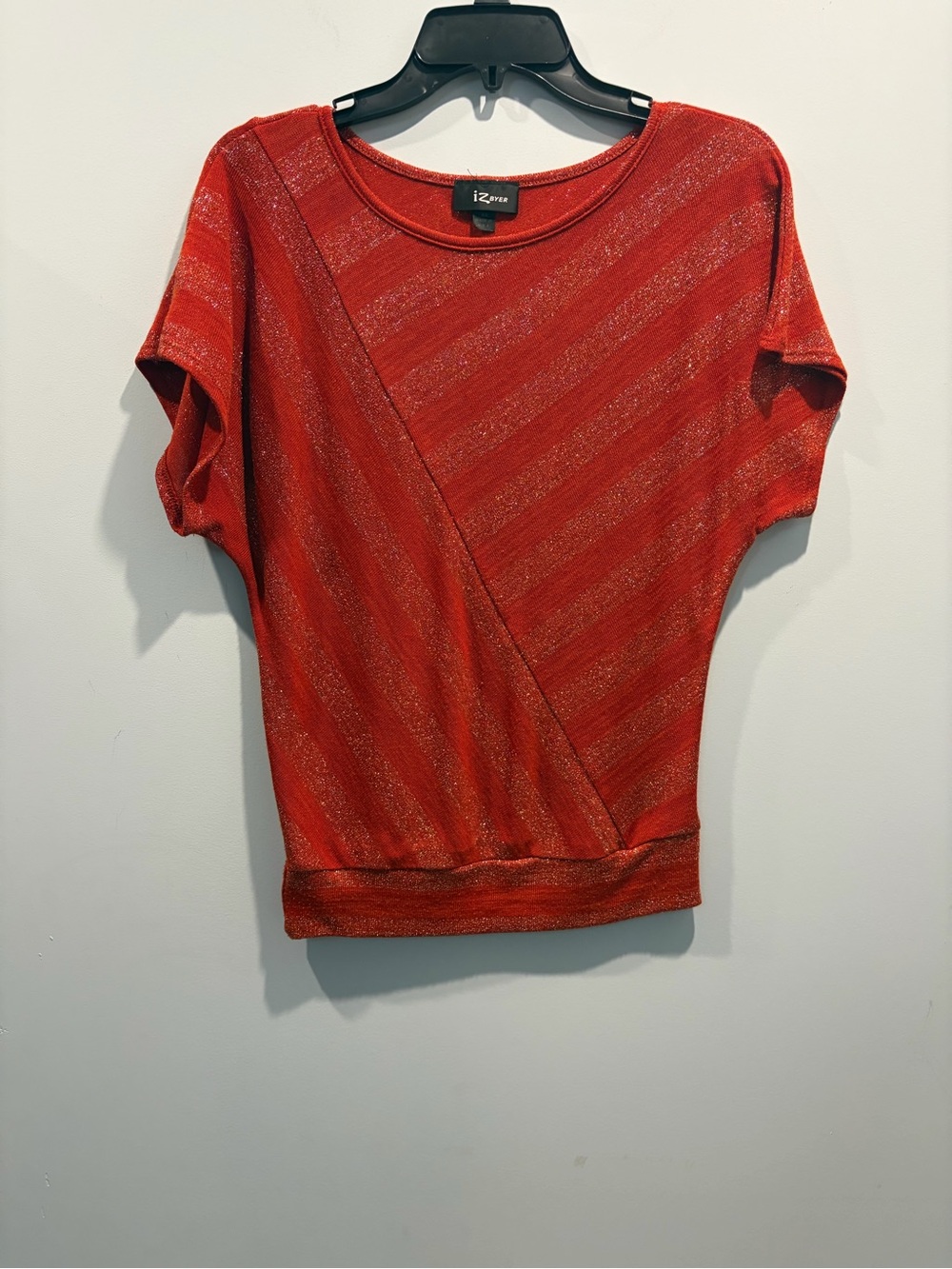 IZ Byer Bright Red Sparkly Short Sleeve Wrap Front Top Size XS Made in USA